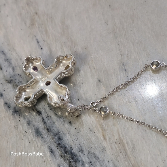 Sterling Silver Marcasite Multi-Gemstone Cross Pendant Necklace – 30" Chain - Picture 12 of 15